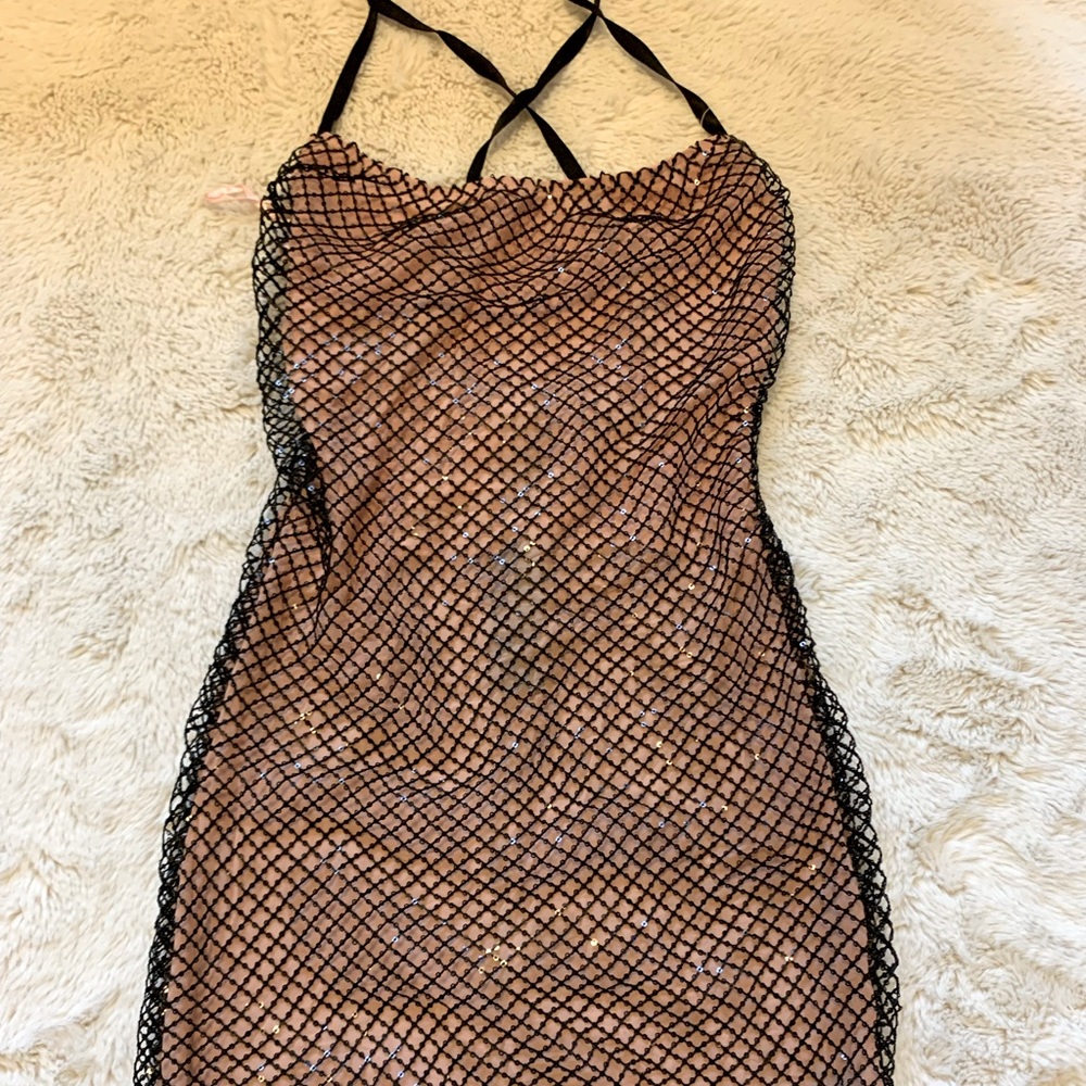 Fashion Nova Net Overlay Mini Dress With Sequins - Nude and Black
